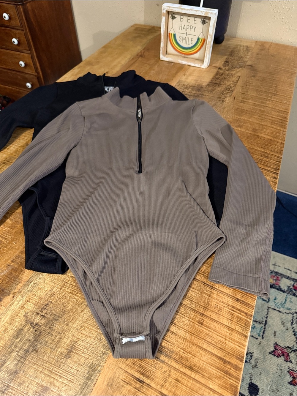 Women’s  Long-Sleeve Ribbed Half-Zip Bodysuit - Black and Khaki 2 in set. - Picture 2 of 5